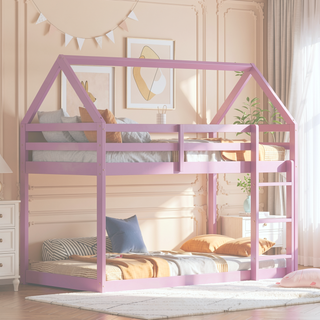 Sunvega Rubber Wood Twin over Twin Bunk Bed with Ladder and Guardrails