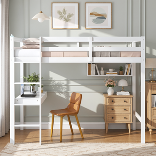 Sunvega Pink Rubber Wood Twin High Loft Bed with Safety Guardrail and Built-in Desk