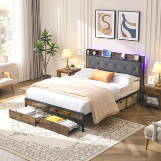 Sunvega King Bed Frame with Storage Headboard LED Lights and USB Charging Station
