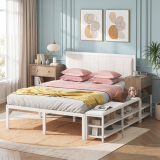 Sunvega Full Size Metal Platform Bed with Two Tier Storage Shelves and Wooden Cabinet