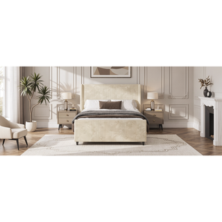 Sunvega Cream Queen Size Corduroy Upholstered Bed Frame with Winged Headboard