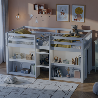 Sunvega Low Loft Bed With Two-Tier Shelves LED Light And Guardrail For Kids