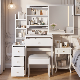 Sunvega Small Space Left Bedside Cabinet Vanity Table with Cushioned Stool