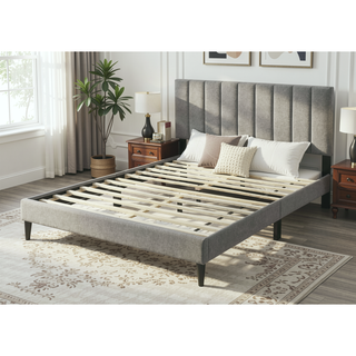 Sunvega Queen Upholstered Pleated Bed in a Box with Sturdy Dark Brown Frame