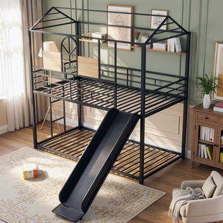 Sunvega Twin Over Twin Metal Bunk Bed With Slide And Playhouse Design For Bedroom