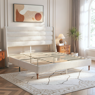 Sunvega Upholstered Queen Size Bed Frame with Wave - Shaped Headboard Premium Chenille Fabric