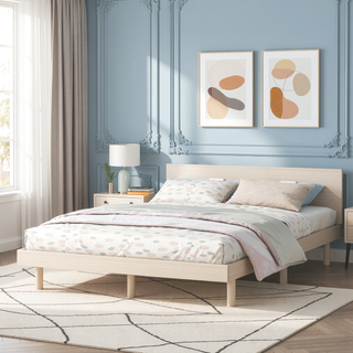 Sunvega Modern Floating Platform Bed Frame in Walnut with Sturdy Wood Construction