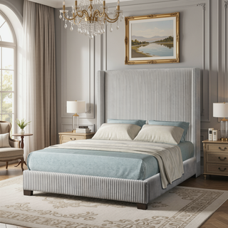 Sunvega Queen Upholstered Pleated Bed in a Box with Sturdy Dark Brown Frame