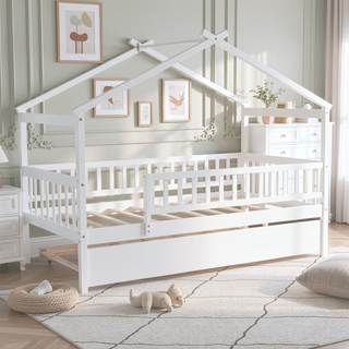 Sunvega Twin Size Wooden House Bed with Trundle and Headboard in Walnut