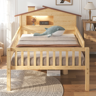 Sunvega Twin Size House Shaped Wood Platform Bed with LED and Built-in Storage