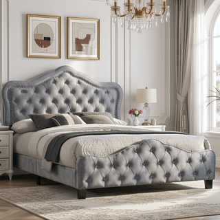 Sunvega Grey Velvet Upholstered Queen Panel Bed with Button Tufting and Chrome Nailheads