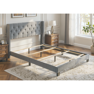 Sunvega Gray Polyester Fabric Wingback Bed with Button-tufted Details and Nailhead Trim