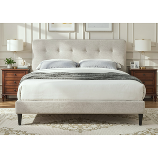 Sunvega Queen Upholstered Pleated Bed in a Box with Sturdy Dark Brown Frame