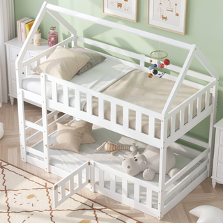 Sunvega Twin over Twin House Bunk Bed with Fence and Door in Gray