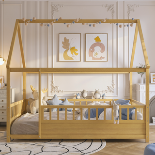 Sunvega Twin Size Floor Wooden Bed with House Roof Frame and Fence Guardrails