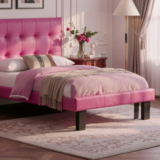 Sunvega Pink Faux Leather Upholstered Full Size Bed with Tufted Headboard
