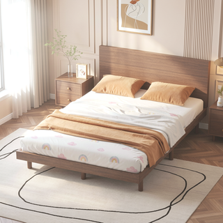 Sunvega Modern Floating Platform Bed Frame in Walnut with Sturdy Wood Construction