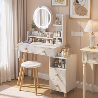 Sunvega Round LED Mirror Vanity Table Set with Cushioned Stool Touch Control 3-Color Lights
