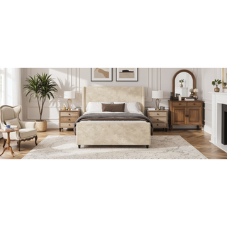 Sunvega Cream Queen Size Corduroy Upholstered Bed Frame with Winged Headboard