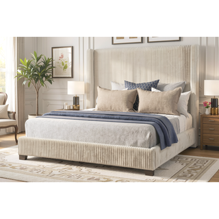 Sunvega Queen Upholstered Pleated Bed in a Box with Sturdy Dark Brown Frame