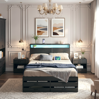 Sunvega Full Size Storage Bed Frame with LED Headboard Charging Station and 8 Drawers