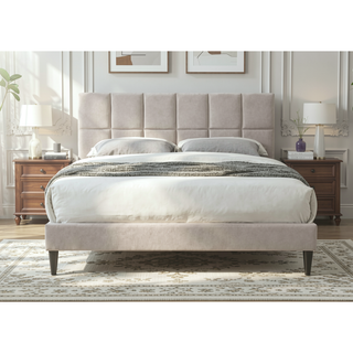 Sunvega Queen Upholstered Pleated Bed in a Box with Sturdy Dark Brown Frame