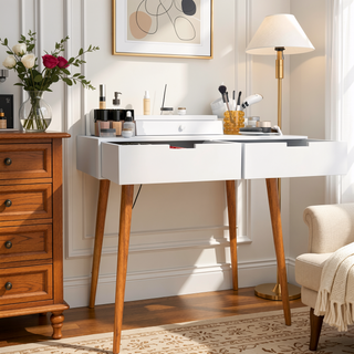 Sunvega 31.5 inch White Vanity Desk with Removable LED Mirror and 2 Drawers for Bedroom
