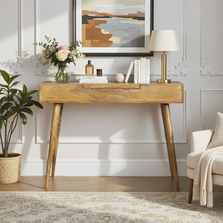 Sunvega Solid Mango Wood Dressing Table with 3 Gradient Pink and Beige Drawers