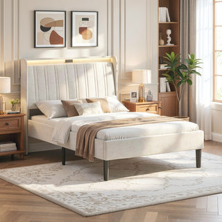 Sunvega Full Size Upholstered Platform Bed Frame with Headboard and USB Charging