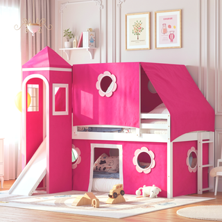 Sunvega Twin Size Loft Bed with Slide Blue Tent and Playhouse Tower for Kids