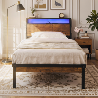 Sunvega King Size Metal Platform Bed Frame with Wooden Headboard and Footboard