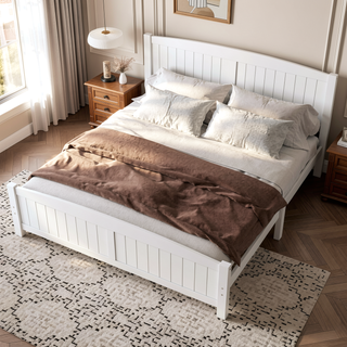 Sunvega White Solid Wood Queen Platform Bed with Slats No Box Spring Needed