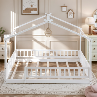 Sunvega Full Size House Bed Frame with Playhouse Fence and Roof for Kids