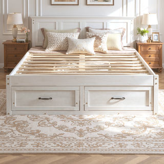 Sunvega Antique Natural Queen Size Platform Bed with 6 Spacious Storage Drawers