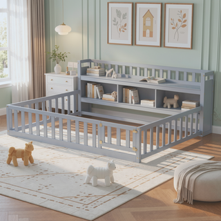Sunvega Kids Wooden House Frame Twin Floor Bed for Safe Play and Sleep