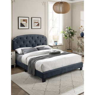Sunvega Queen Size Charcoal Burlap Button Tufted Headboard Bed with Nailhead Trim
