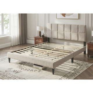 Sunvega Queen Upholstered Pleated Bed in a Box with Sturdy Dark Brown Frame