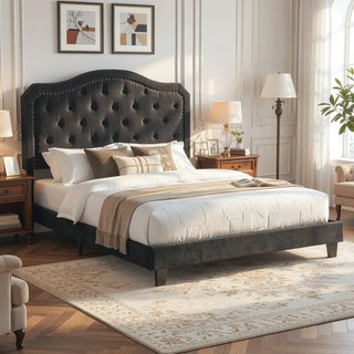 Sunvega Black Velvet Queen Upholstered Bed with Button Tufted Curve Design and LED Lights