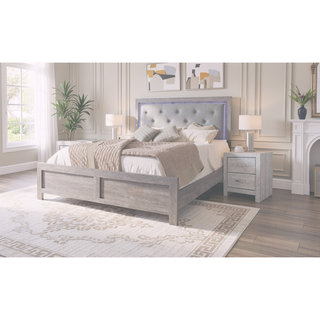 Sunvega Modern Beige Faux Leather Queen Panel Bed with Headboard Lighting