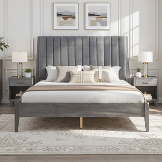 Sunvega Modern Velvet Upholstered Queen Platform Bed with Gray Wood Legs