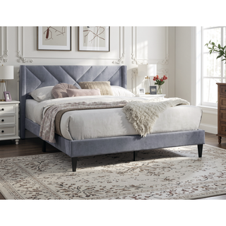 Sunvega Modern Gray Velvet Upholstered Queen Size Bed with Clean Lines Headboard