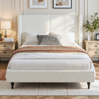 Sunvega King Size Bed Frame with High Back Upholstered Headboard and Boucle Fabric
