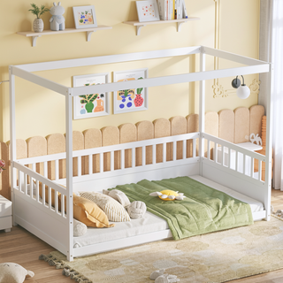 Sunvega Twin Size Floor Bed with Canopy Design and Guardrails for Kids