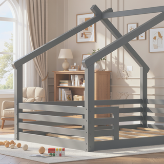 Sunvega White Twin House Floor Bed with Window and Shelf for Kids Room