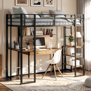 Sunvega Iron Frame Bunk Bed with L-Shaped Desk Stairs on Both Sides for Kids