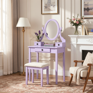 Sunvega Pink Wood Makeup Vanity Table and Stool Set with Mirror and Storage Drawers