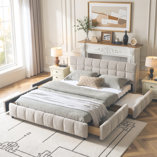 Sunvega Queen Size Upholstered Bed with Storage Drawers and Soft Chenille Headboard