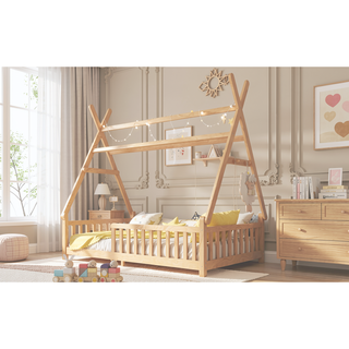 Sunvega Full Size Low Profile House Bed with LED Light Roof and Safety Fence