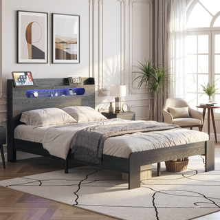 Sunvega King Size Wood Platform Bed Frame with Storage Headboard and 2 USB Ports