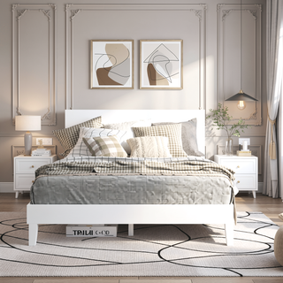Sunvega Queen Platform Bed in White Crafted from Solid Pine with 28-Slat Support
